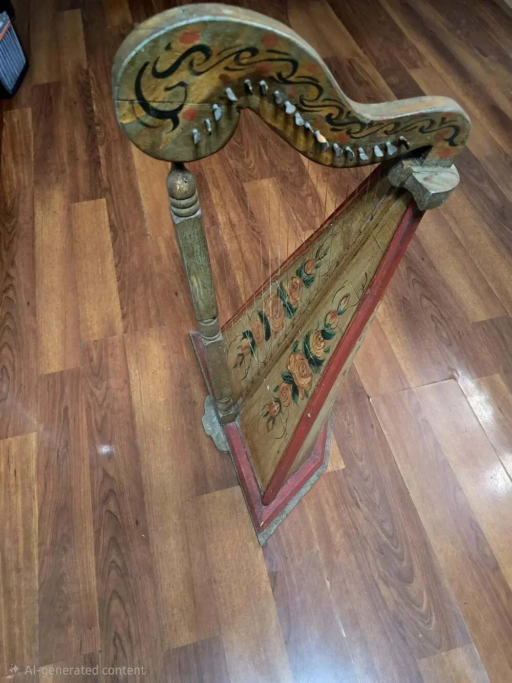 Antique 19thC Folk Art Table Harp Painted Lap Harp Zither Celtic Parlor Instrume